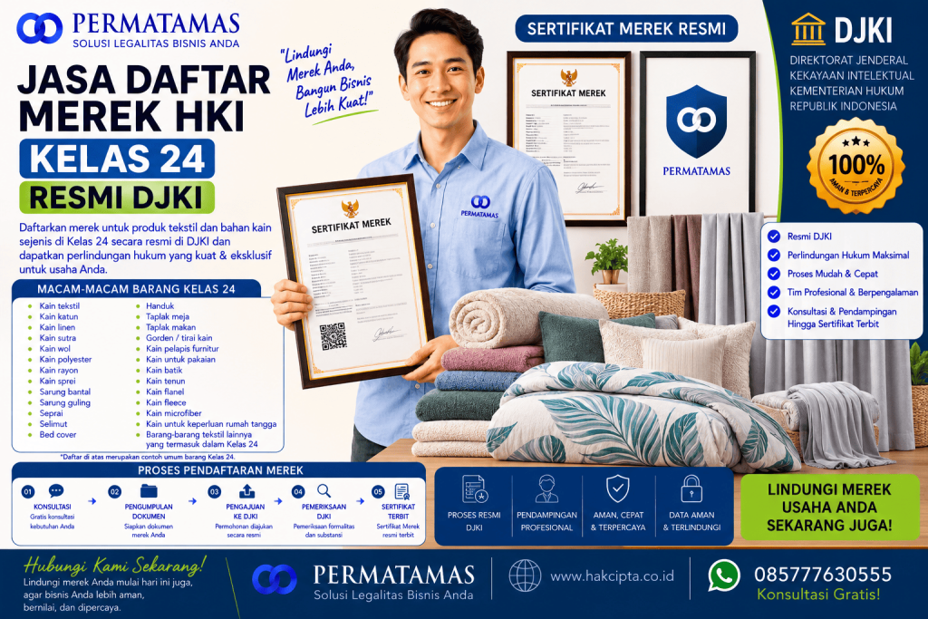 Kelas 24 Merek Produk untuk Sarung Bantal, Kain Meja, Selimut, dan Tekstil Dekoratif Resmi DJKI : Jasa Pendaftaran Merek Resmi DJKI