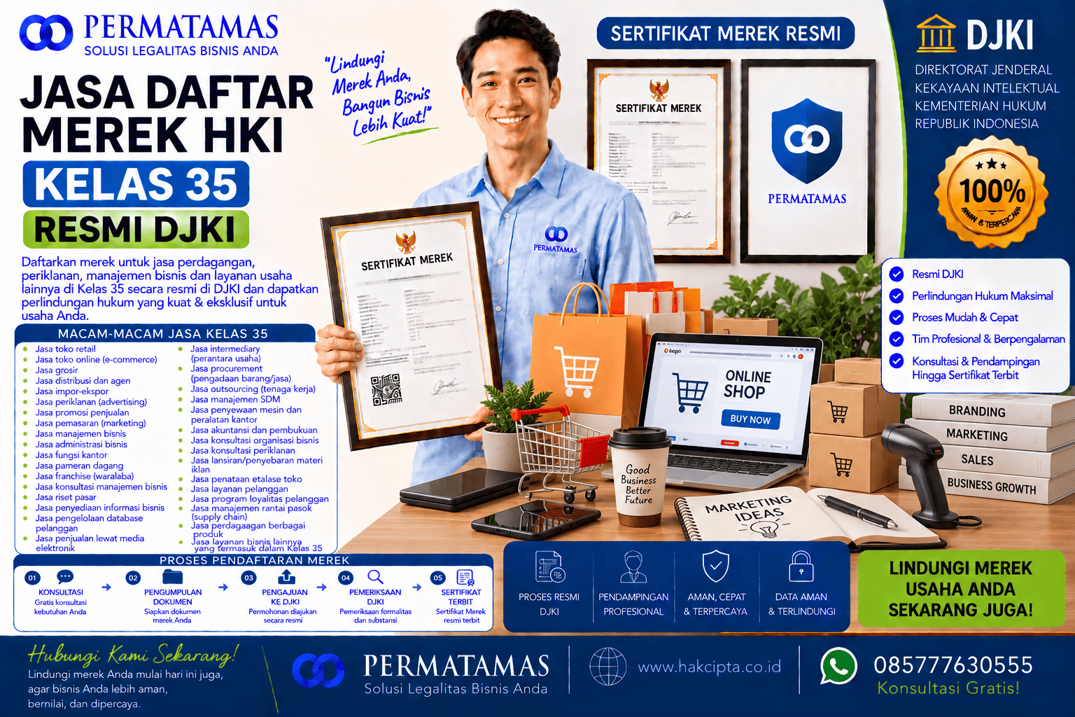 Kelas 35 Merek Produk untuk Jasa Pembukuan, Pengolahan Data Bisnis, dan Penyelenggaraan Pameran Dagang Resmi DJKI : Jasa Pendaftaran Merek Resmi DJKI