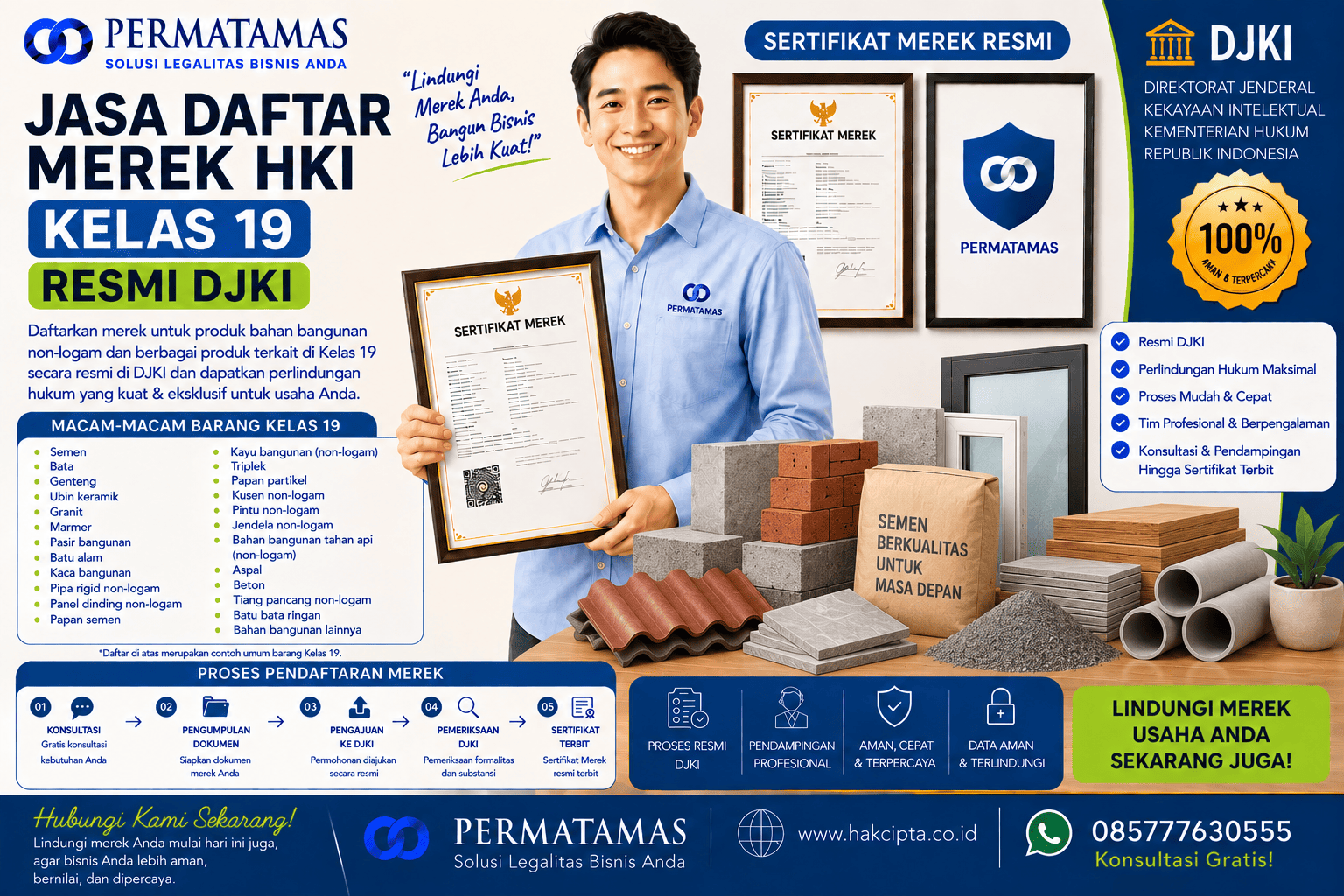 Jasa Pengurusan Merek Kelas 19 untuk Kayu Bangunan, Lantai Non-Logam, Panel Bangunan, dan Material Konstruksi Resmi DJKI